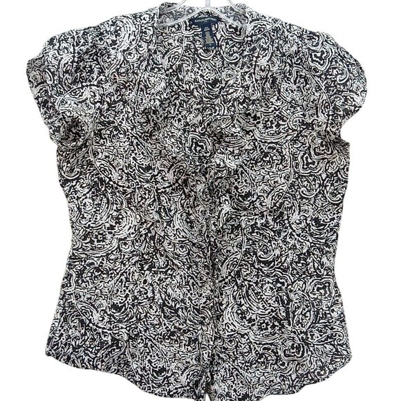Banana Republic Tops - Banana Republic Women's Black White‎ Paisley Ruffle Silk Bld Blouse Sz M Cap Slv